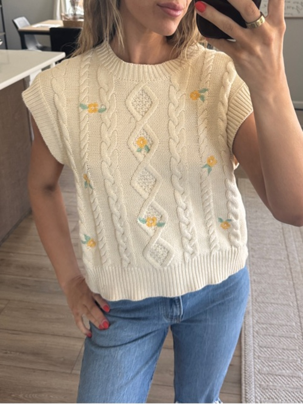 bohme Cream Cable Knit Floral Embroidered Tank Sweater